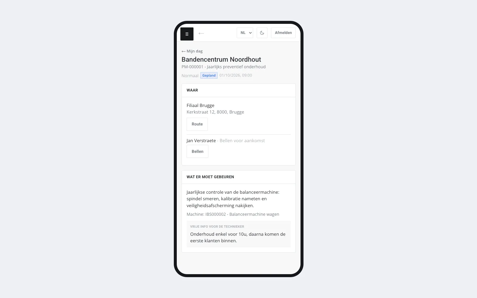 Mobiele IBS-werkbon met fictieve interventiegegevens op een telefoonscherm